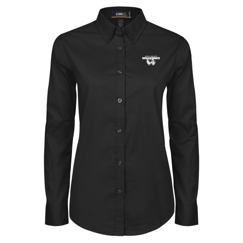  Womens Black Twill Button Down Long Sleeve  - Secondary Logo