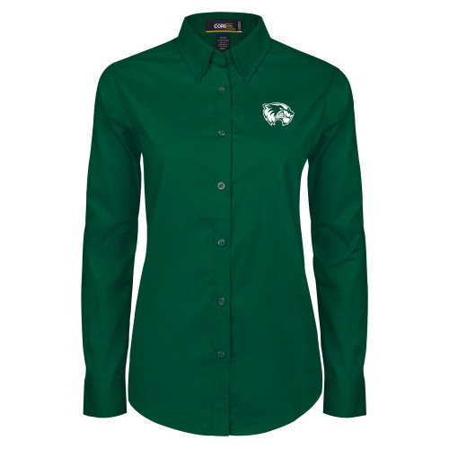  Womens Dark Green Twill Button Down Long Sleeve  - Primary Logo