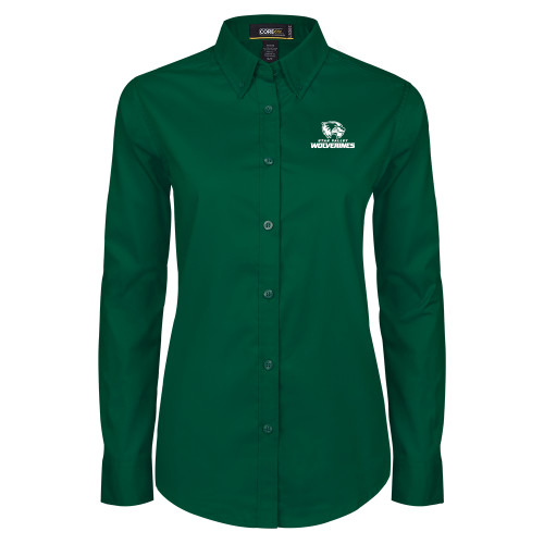  Womens Dark Green Twill Button Down Long Sleeve  - Utah Valley Wolverines Logo