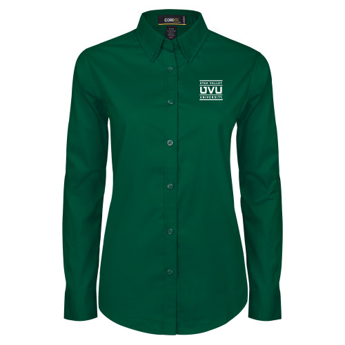  Womens Dark Green Twill Button Down Long Sleeve  - Utah Valley University Stacked