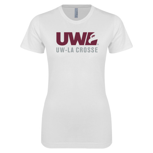  Next Level Womens White Boyfriend Tee - UW La Crosse Spirit Mark