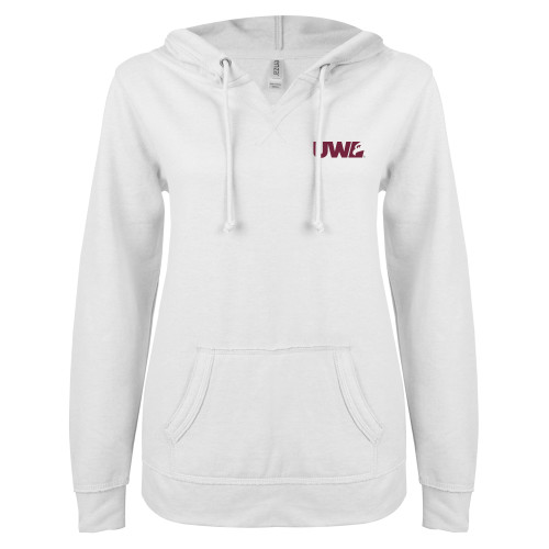  ENZA Womens White V Notch Raw Edge Fleece Hoodie - UWL Spirit Mark