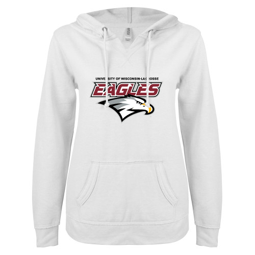  ENZA Womens White V Notch Raw Edge Fleece Hoodie - UWL Eagles Wordmark