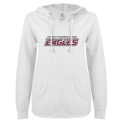  ENZA Womens White V Notch Raw Edge Fleece Hoodie - UWL Eagles
