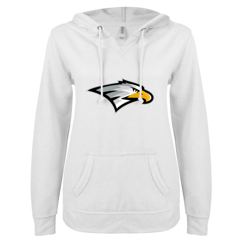  ENZA Womens White V Notch Raw Edge Fleece Hoodie - Eagle Head