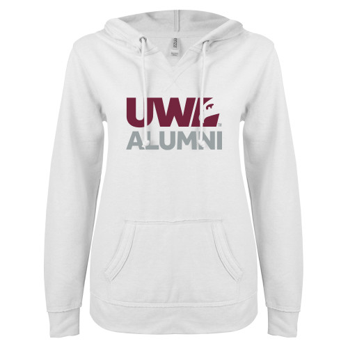  ENZA Womens White V Notch Raw Edge Fleece Hoodie - UWL Alumni