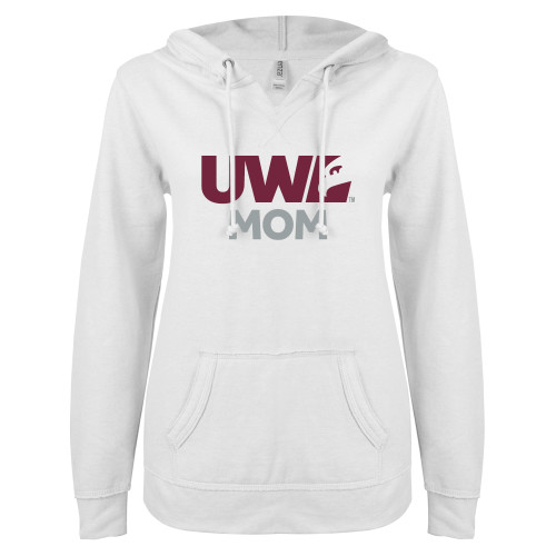  ENZA Womens White V Notch Raw Edge Fleece Hoodie - UWL Mom