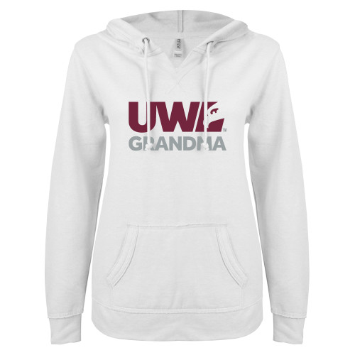  ENZA Womens White V Notch Raw Edge Fleece Hoodie - UWL Grandma