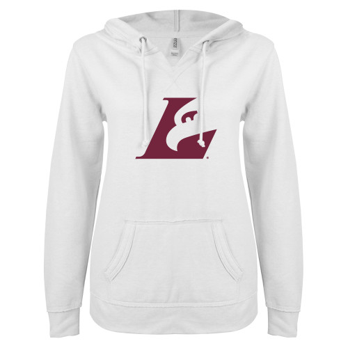  ENZA Womens White V Notch Raw Edge Fleece Hoodie - Eagle L Mark