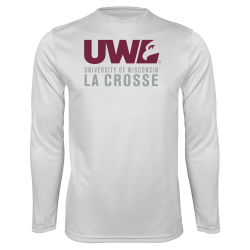  White Performance Long Sleeve Shirt - UWL University Name Spirit Mark