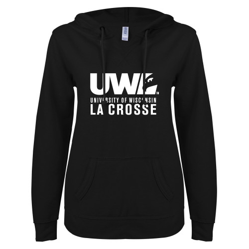  ENZA Womens Black V Notch Raw Edge Fleece Hoodie - UWL University Name Spirit Mark