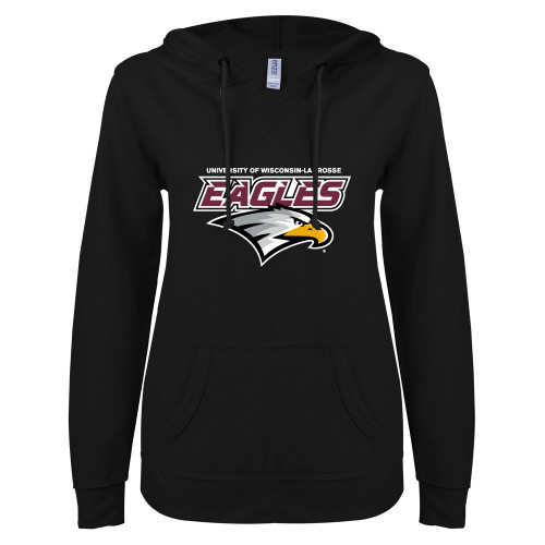  ENZA Womens Black V Notch Raw Edge Fleece Hoodie - UWL Eagles Wordmark