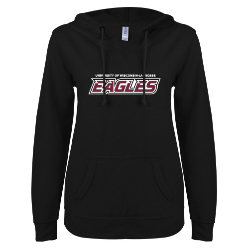  ENZA Womens Black V Notch Raw Edge Fleece Hoodie - UWL Eagles