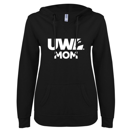  ENZA Womens Black V Notch Raw Edge Fleece Hoodie - UWL Mom