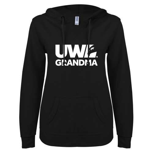  ENZA Womens Black V Notch Raw Edge Fleece Hoodie - UWL Grandma