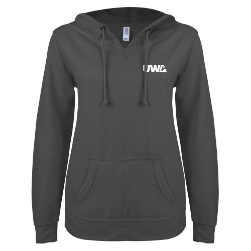  ENZA Womens Dark Heather V Notch Raw Edge Fleece Hoodie - UWL Spirit Mark