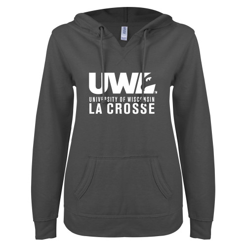  ENZA Womens Dark Heather V Notch Raw Edge Fleece Hoodie - UWL University Name Spirit Mark