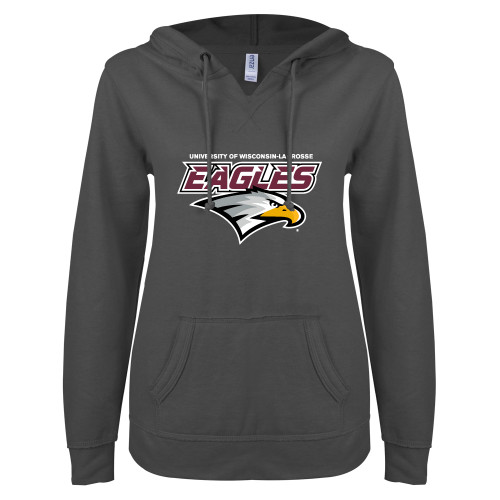  ENZA Womens Dark Heather V Notch Raw Edge Fleece Hoodie - UWL Eagles Wordmark