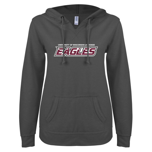  ENZA Womens Dark Heather V Notch Raw Edge Fleece Hoodie - UWL Eagles