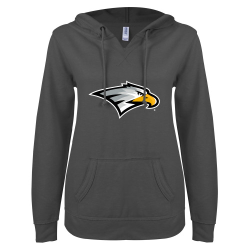  ENZA Womens Dark Heather V Notch Raw Edge Fleece Hoodie - Eagle Head