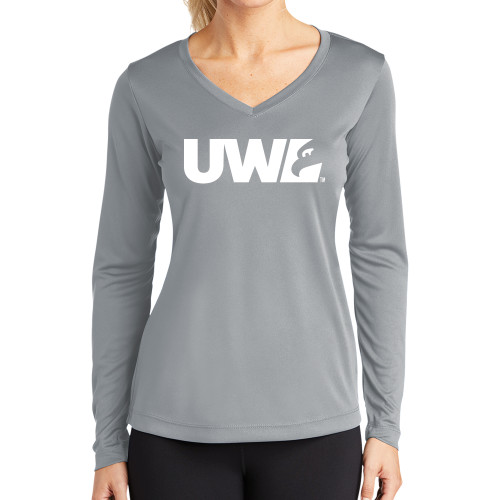  Womens Grey Performance Long Sleeve V Neck Shirt - UWL Spirit Mark