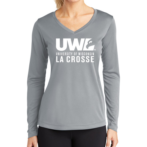  Womens Grey Performance Long Sleeve V Neck Shirt - UWL University Name Spirit Mark