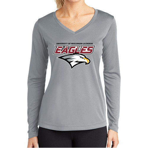  Womens Grey Performance Long Sleeve V Neck Shirt - UWL Eagles Wordmark