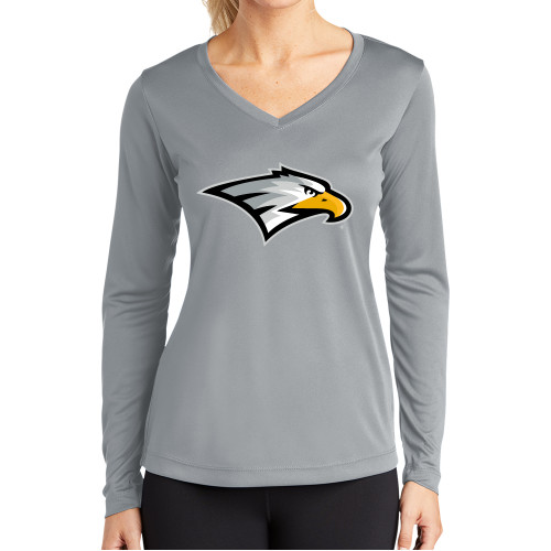  Womens Grey Performance Long Sleeve V Neck Shirt - Eagle Head