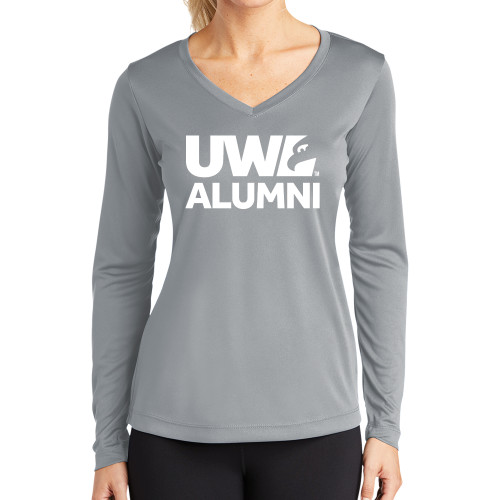  Womens Grey Performance Long Sleeve V Neck Shirt - UWL Alumni