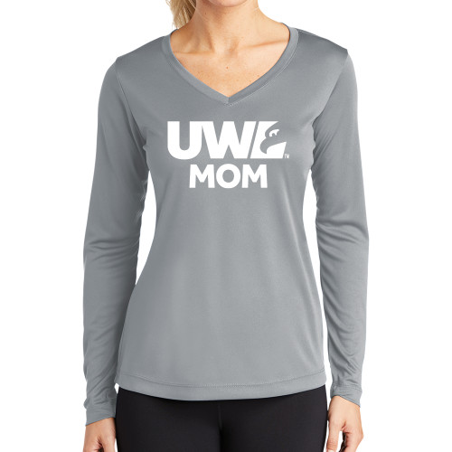  Womens Grey Performance Long Sleeve V Neck Shirt - UWL Mom