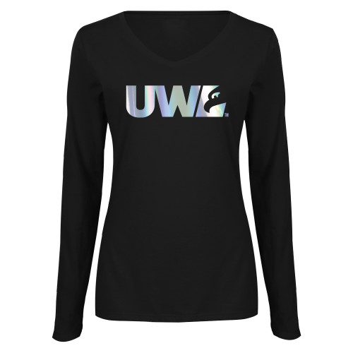  Womens Black Long Sleeve V Neck Tee  - C - Holographic Silver Foil