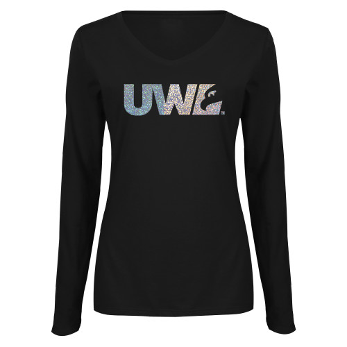  Womens Black Long Sleeve V Neck Tee  - B - Holo Silver
