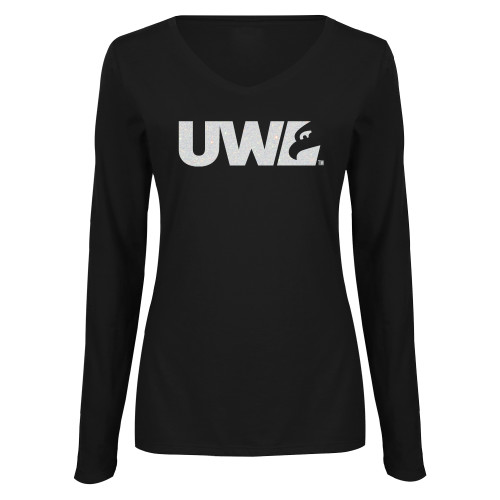  Womens Black Long Sleeve V Neck Tee  - C White Soft Glitter