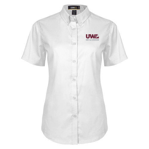  Womens White Twill Button Up Short Sleeve - UW La Crosse Spirit Mark