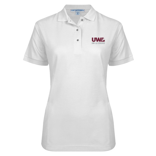  Womens Silk Touch White Pique Polo - UW La Crosse Spirit Mark