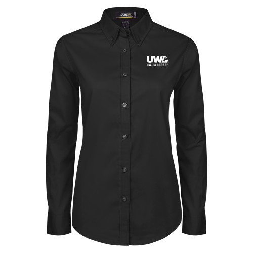  Womens Black Twill Button Down Long Sleeve  - UW La Crosse Spirit Mark