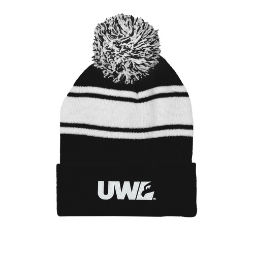  Black/White Two Tone Knit Pom Beanie w/Cuff - UWL Spirit Mark
