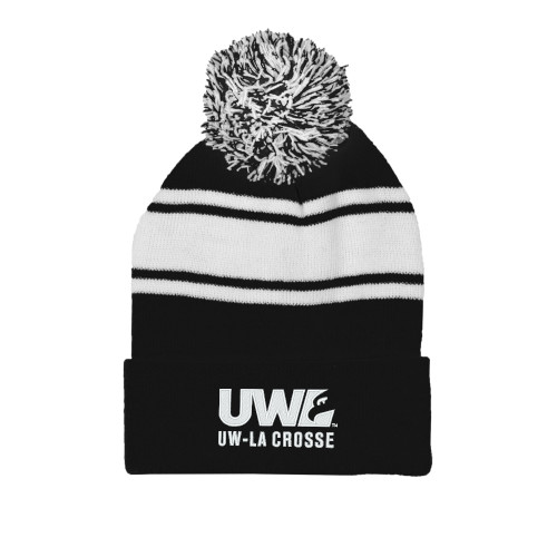  Black/White Two Tone Knit Pom Beanie w/Cuff - UW La Crosse Spirit Mark
