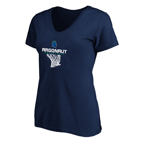  Womens Plus Navy V Neck T Shirt - UWF Basketball Net Design