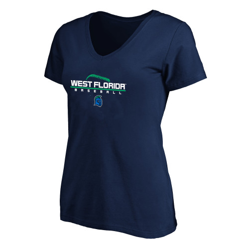  Womens Plus Navy V Neck T Shirt - UWF Baseball Design