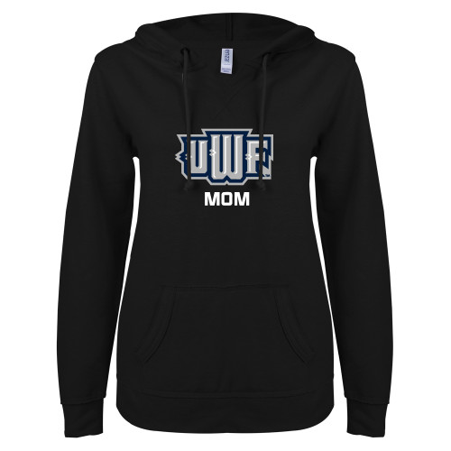  ENZA Womens Black V Notch Raw Edge Fleece Hoodie - UWF Mom
