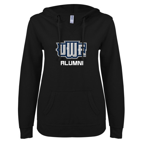  ENZA Womens Black V Notch Raw Edge Fleece Hoodie - UWF Alumni