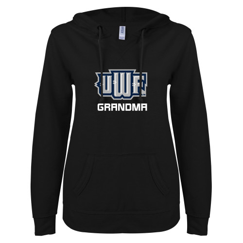  ENZA Womens Black V Notch Raw Edge Fleece Hoodie - UWF Grandma