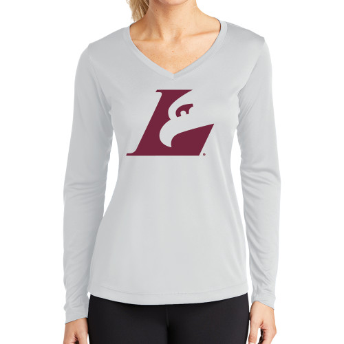  Womens White Performance Long Sleeve V Neck Shirt - Eagle L