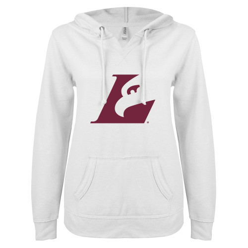  ENZA Womens White V Notch Raw Edge Fleece Hoodie - Eagle L