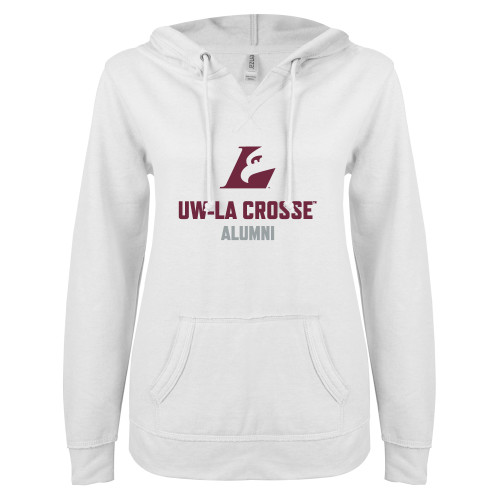  ENZA Womens White V Notch Raw Edge Fleece Hoodie - UWL Alumni