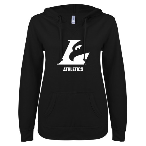  ENZA Womens Black V Notch Raw Edge Fleece Hoodie - Eagle L Athletics