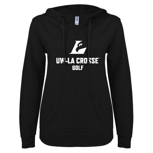  ENZA Womens Black V Notch Raw Edge Fleece Hoodie - UWL Golf