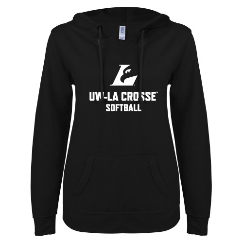  ENZA Womens Black V Notch Raw Edge Fleece Hoodie - UWL Softball