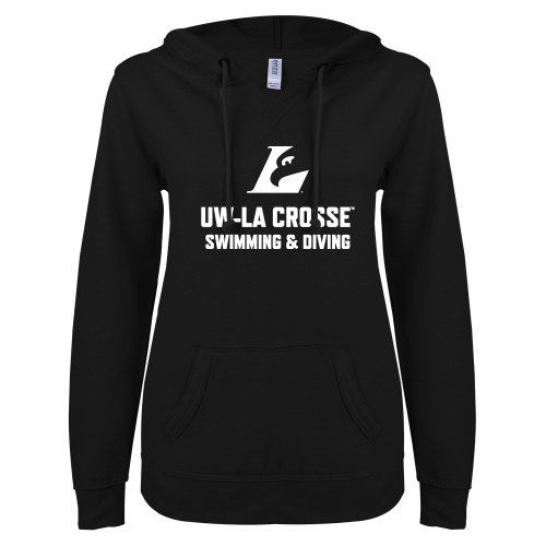 ENZA Womens Black V Notch Raw Edge Fleece Hoodie - UWL Swimming and Diving